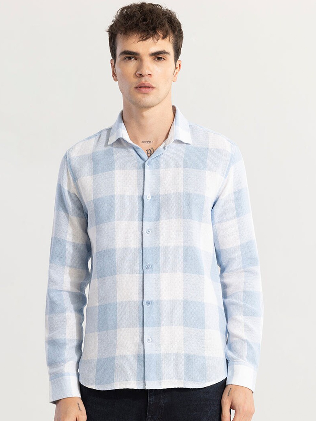 

Snitch Men Classic Slim Fit Checked Casual Shirt, Blue