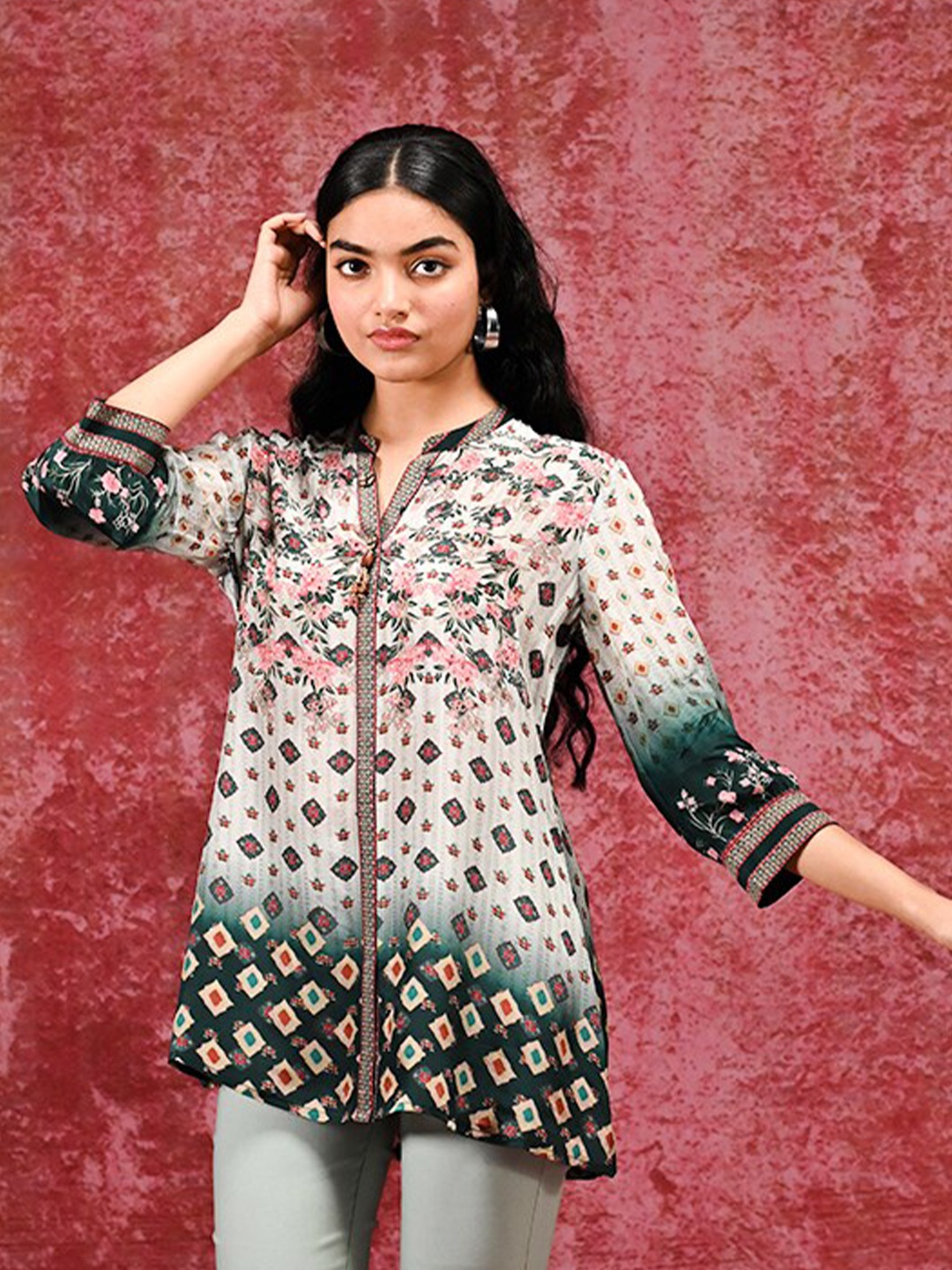 

Lakshita Ethnic Motifs Printed Mandarin Collar Cuffed Sleeves Longline Shirt Style Top, Green