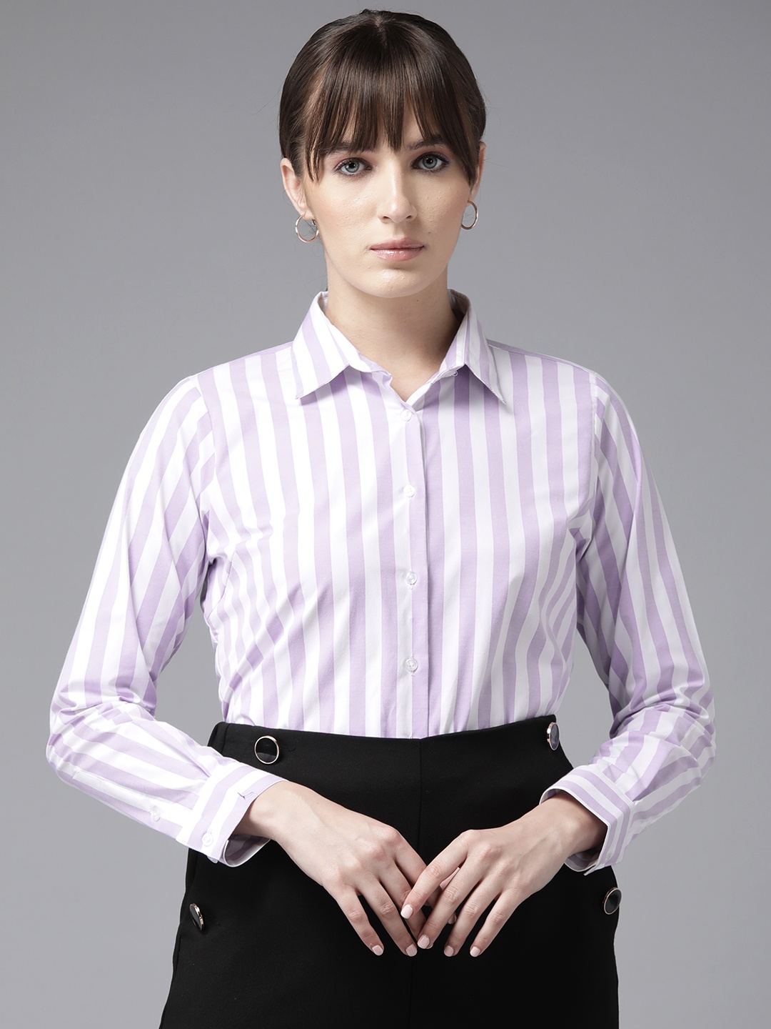 

English Navy Standard Striped Wrinkle Free Formal Shirt, Purple