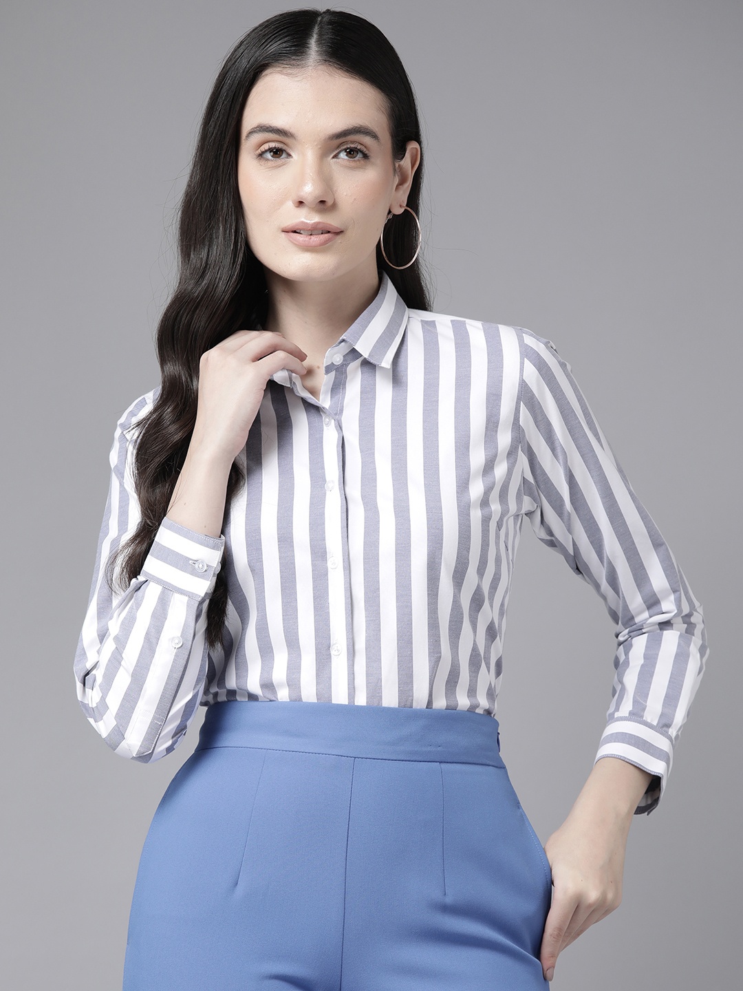 

English Navy Standard Striped Wrinkle Free Formal Shirt, Blue