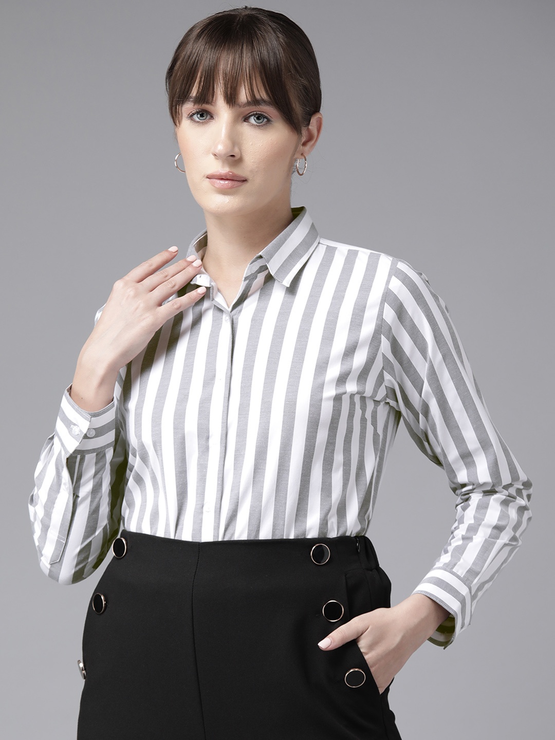 

English Navy Standard Striped Wrinkle Free Formal Shirt, Grey