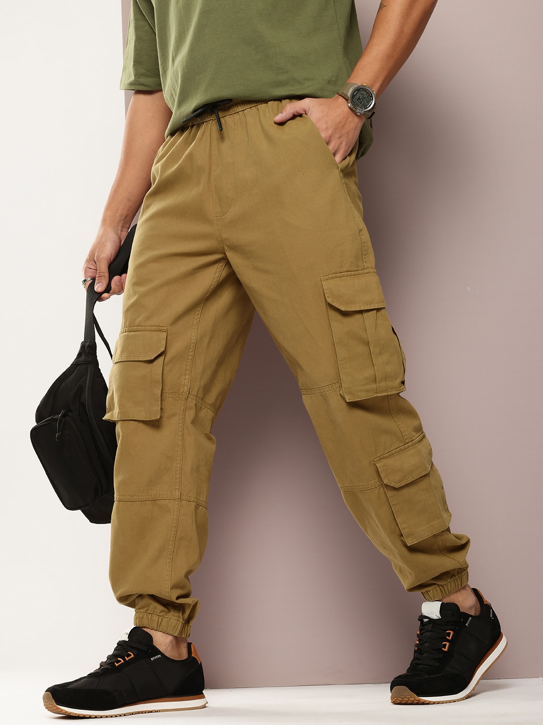 

Kook N Keech Men Pure Cotton Cargo Style Joggers, Olive