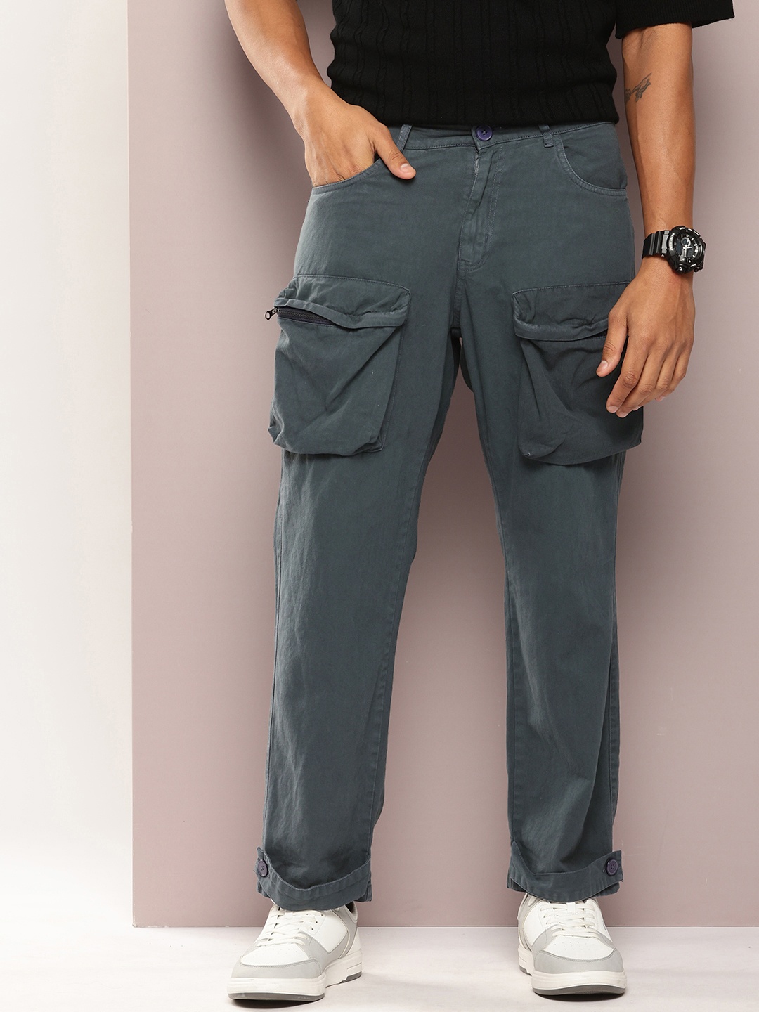 

Kook N Keech Men Pure Cotton Faded Straight Fit Cargos Trousers, Grey
