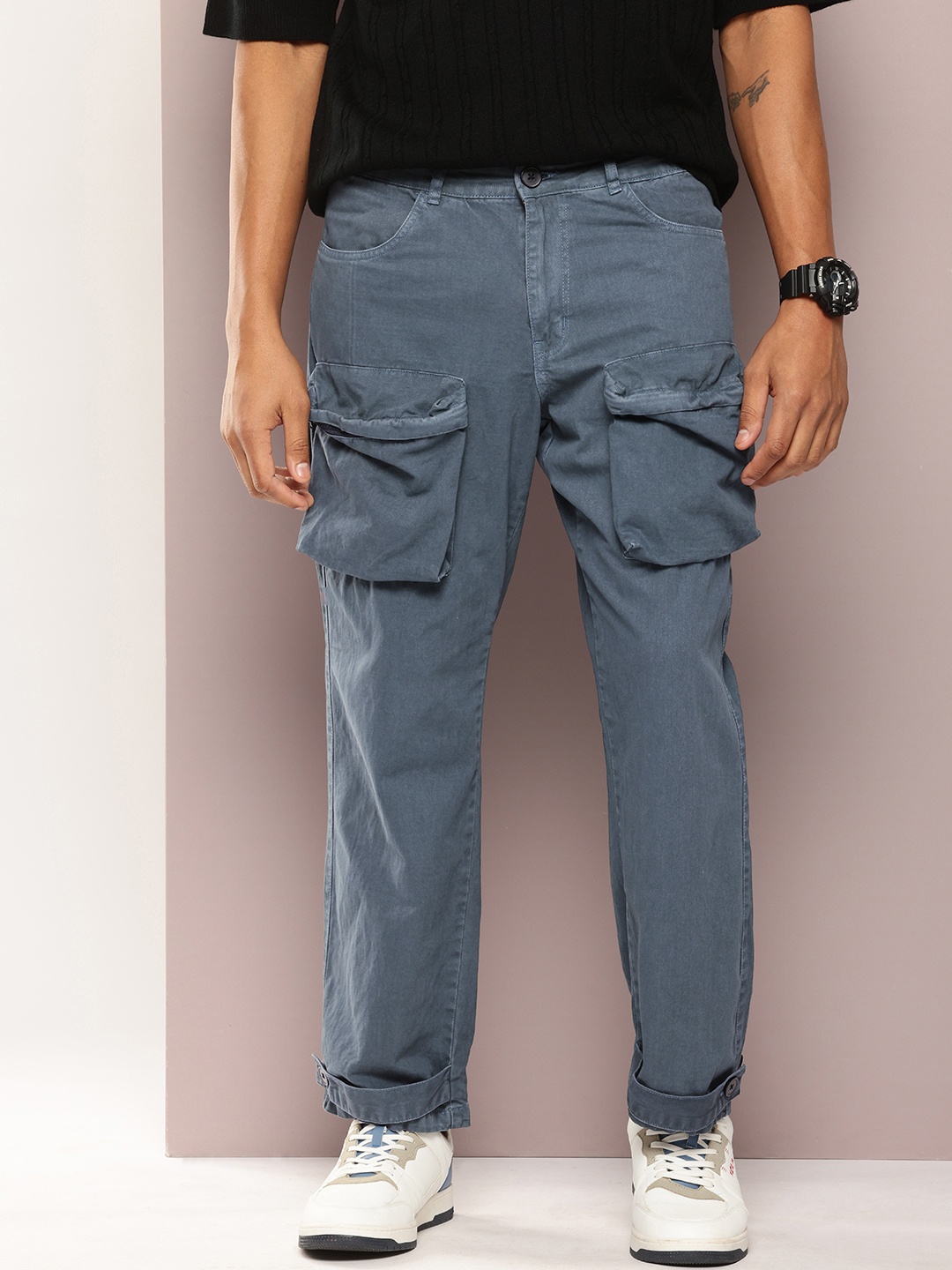 

Kook N Keech Men Pure Cotton Faded Straight Fit Cargos Trousers, Blue