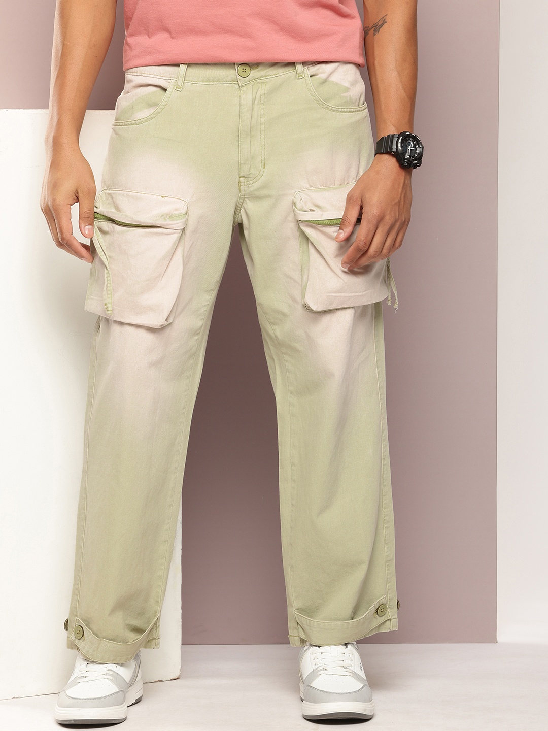 

Kook N Keech Men Pure Cotton Tie and Dye Straight Fit Cargos Trousers, Green