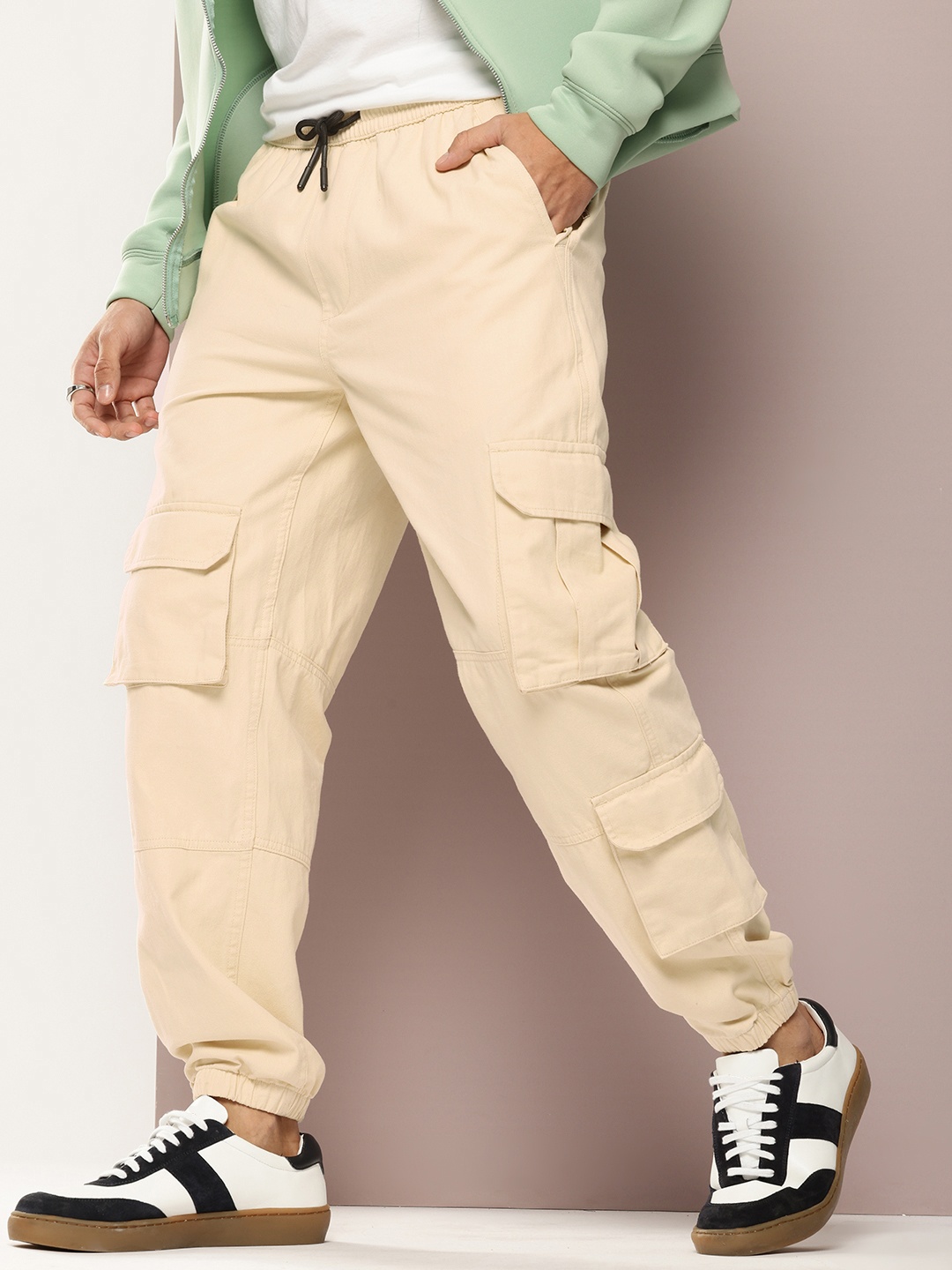 

Kook N Keech Men Pure Cotton Cargo Style Joggers, Beige
