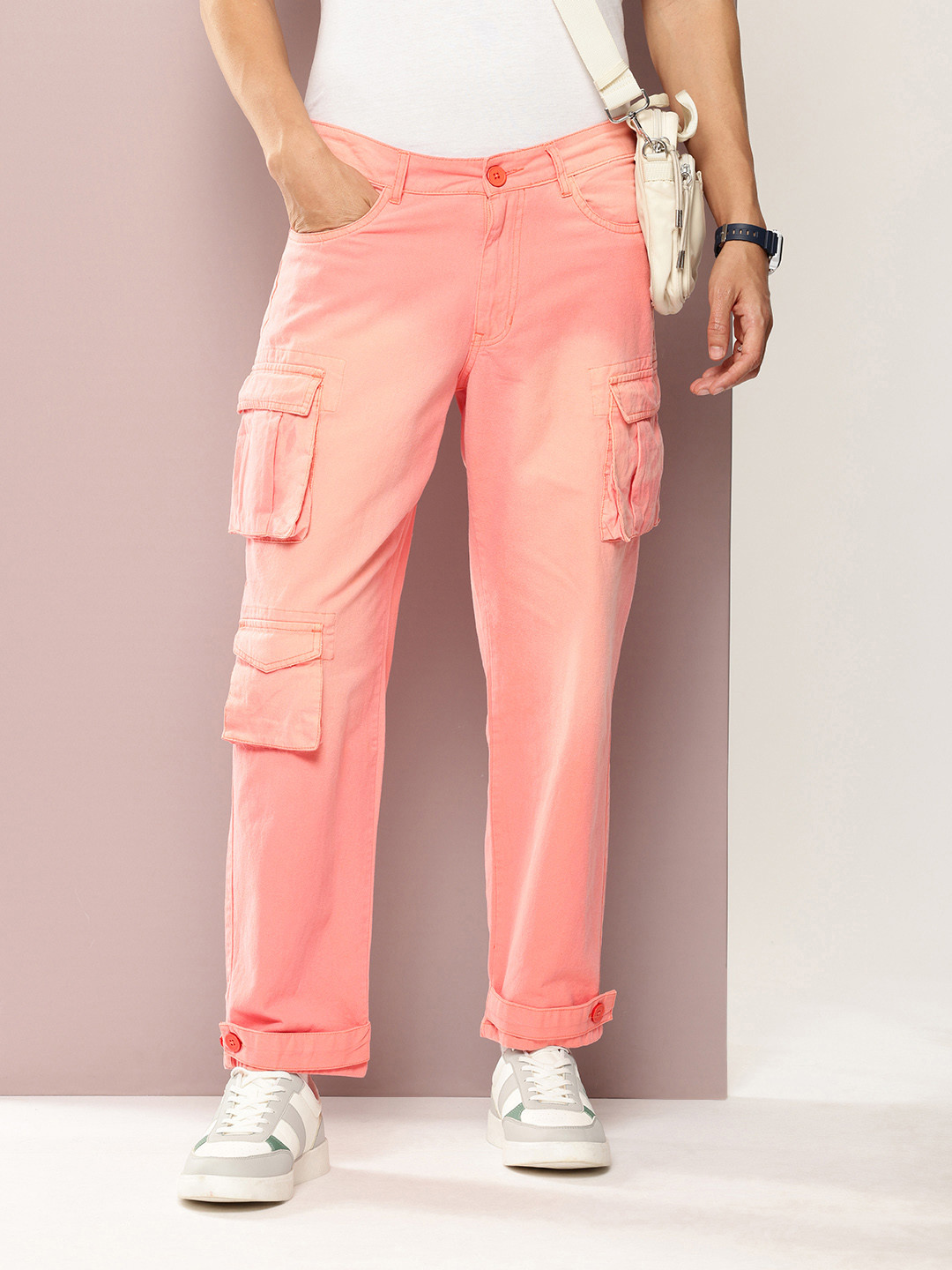 

Kook N Keech Men Pure Cotton Straight Fit Faded Cargos Chinos Trousers, Peach