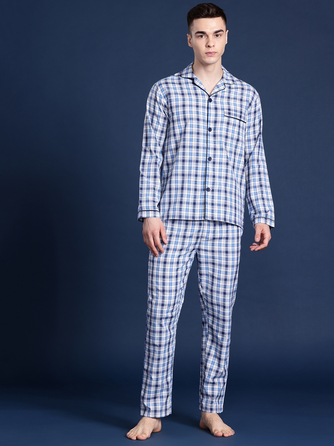 

Hancock Men Checked Pure Cotton Night suit, White