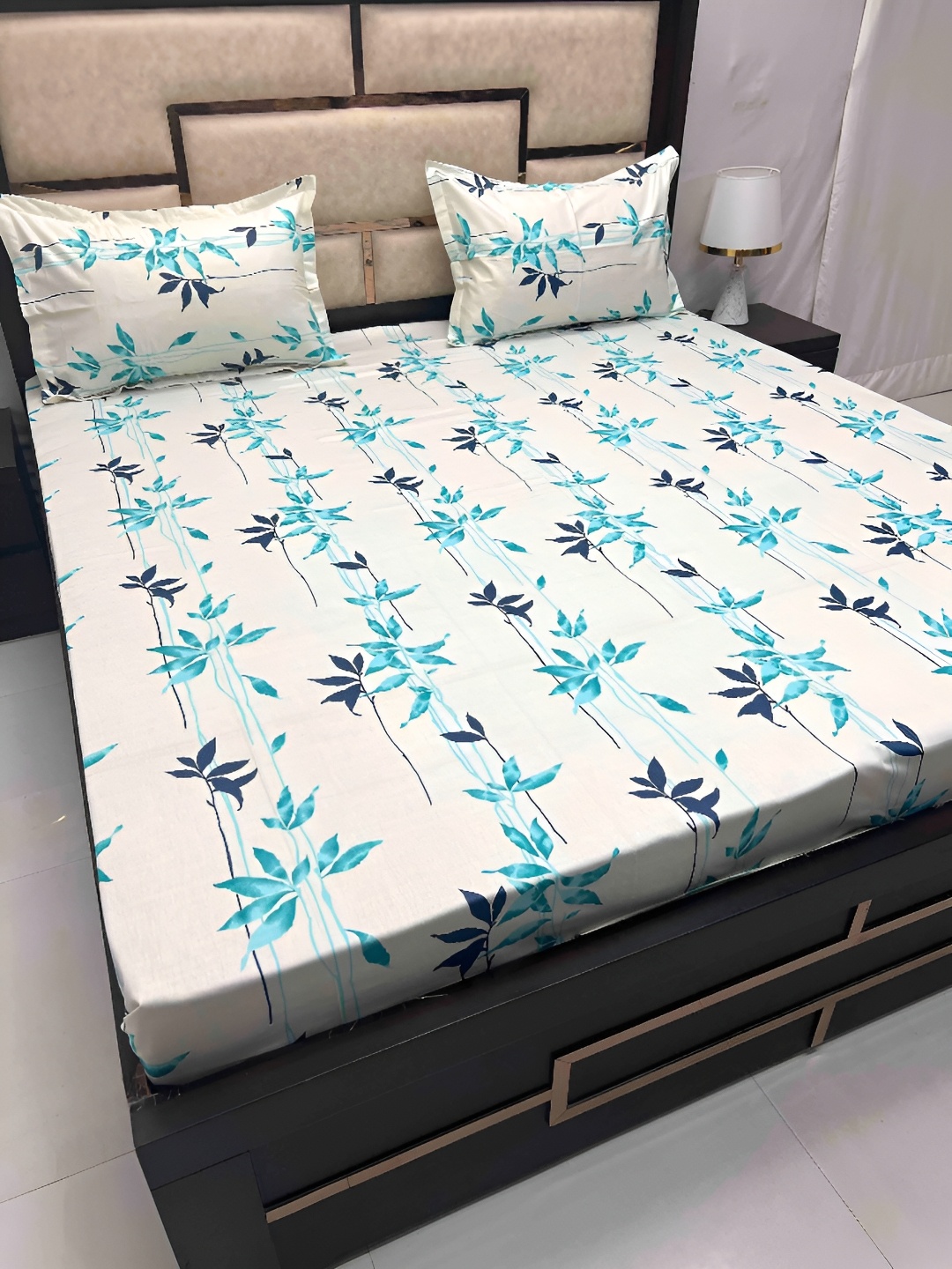 

Pure Decor White & Blue Floral Cotton 350 TC King Bedsheet with 2 Pillow Covers