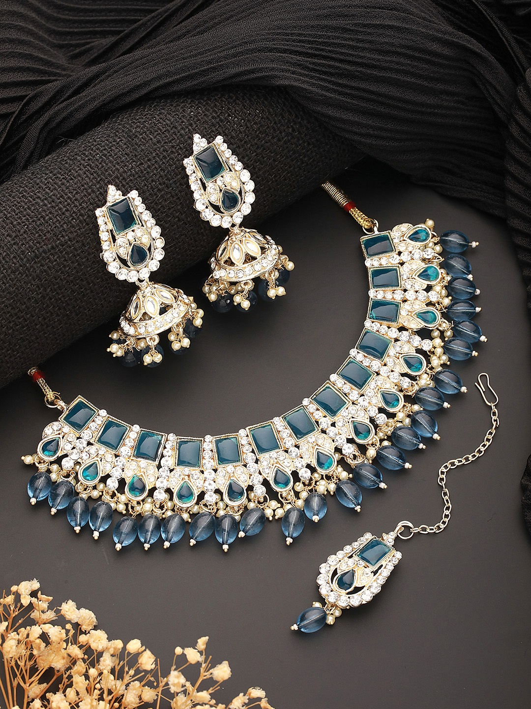 

Aadvik Designs Silver Plated Stones Studded & Beaded Jewellery Set