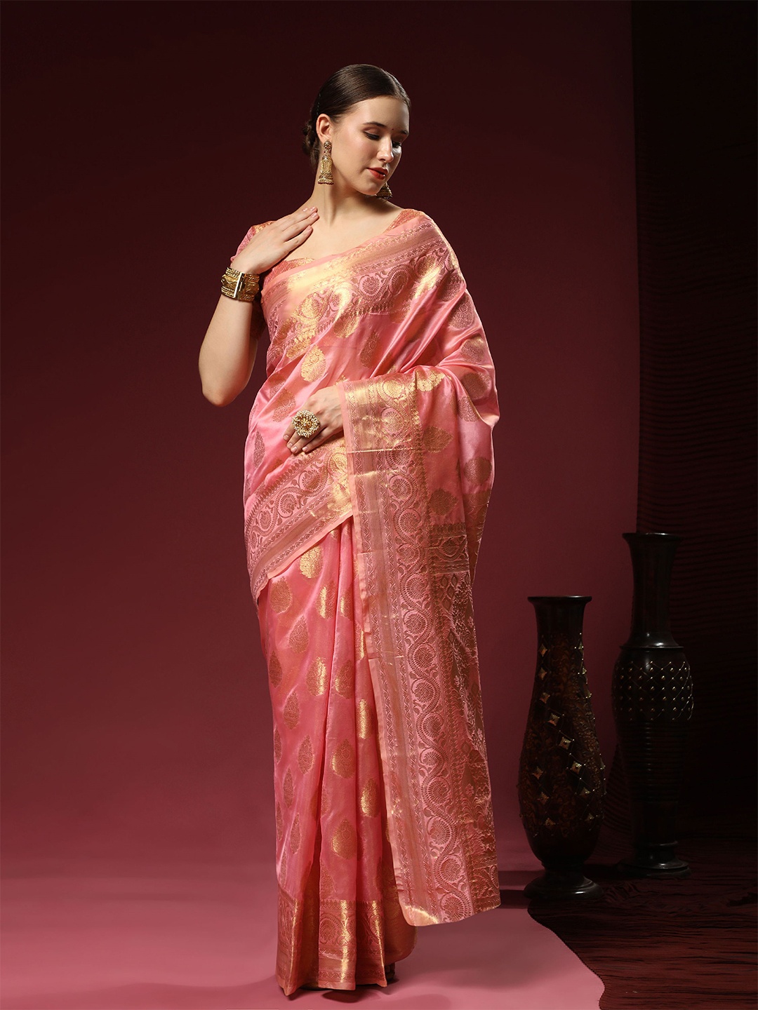 

DIVASTRI Ethnic Motifs Woven Design Pure Silk Banarasi Zari Saree, Pink