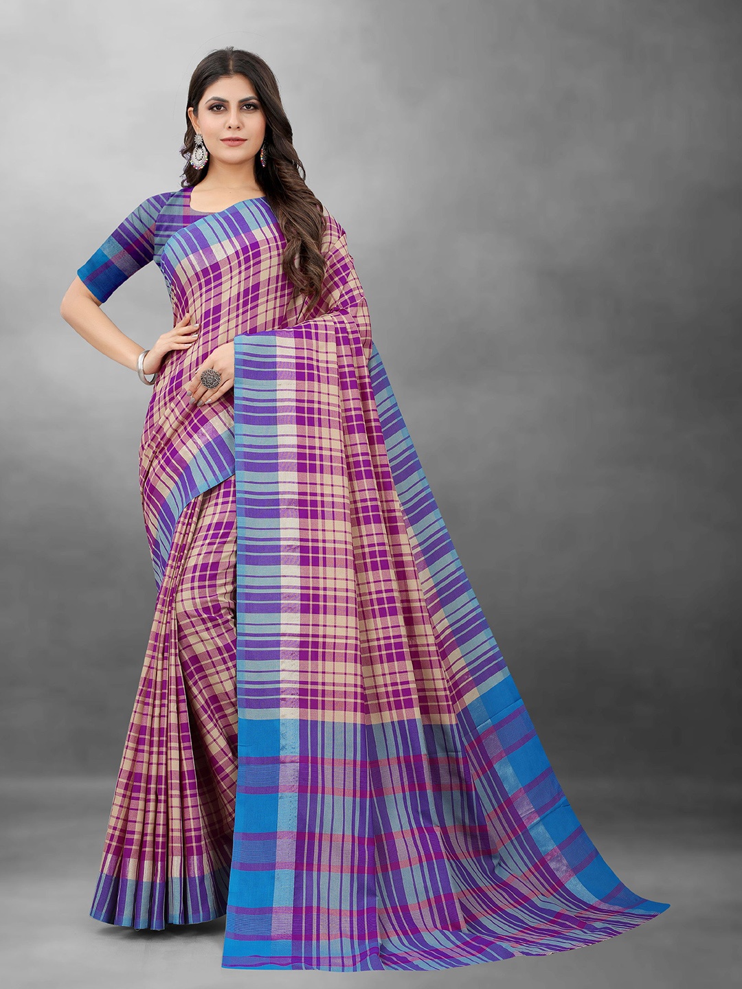 

DIVASTRI Checked Printed Pure Cotton Banarasi Zari Saree, Purple
