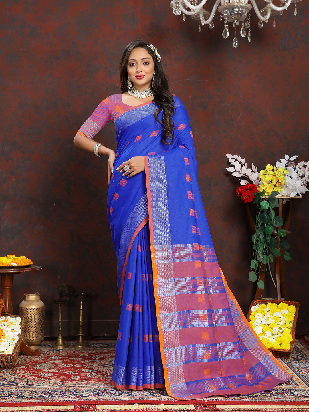 

DIVASTRI Striped Zari Pure Cotton Banarasi Saree, Blue