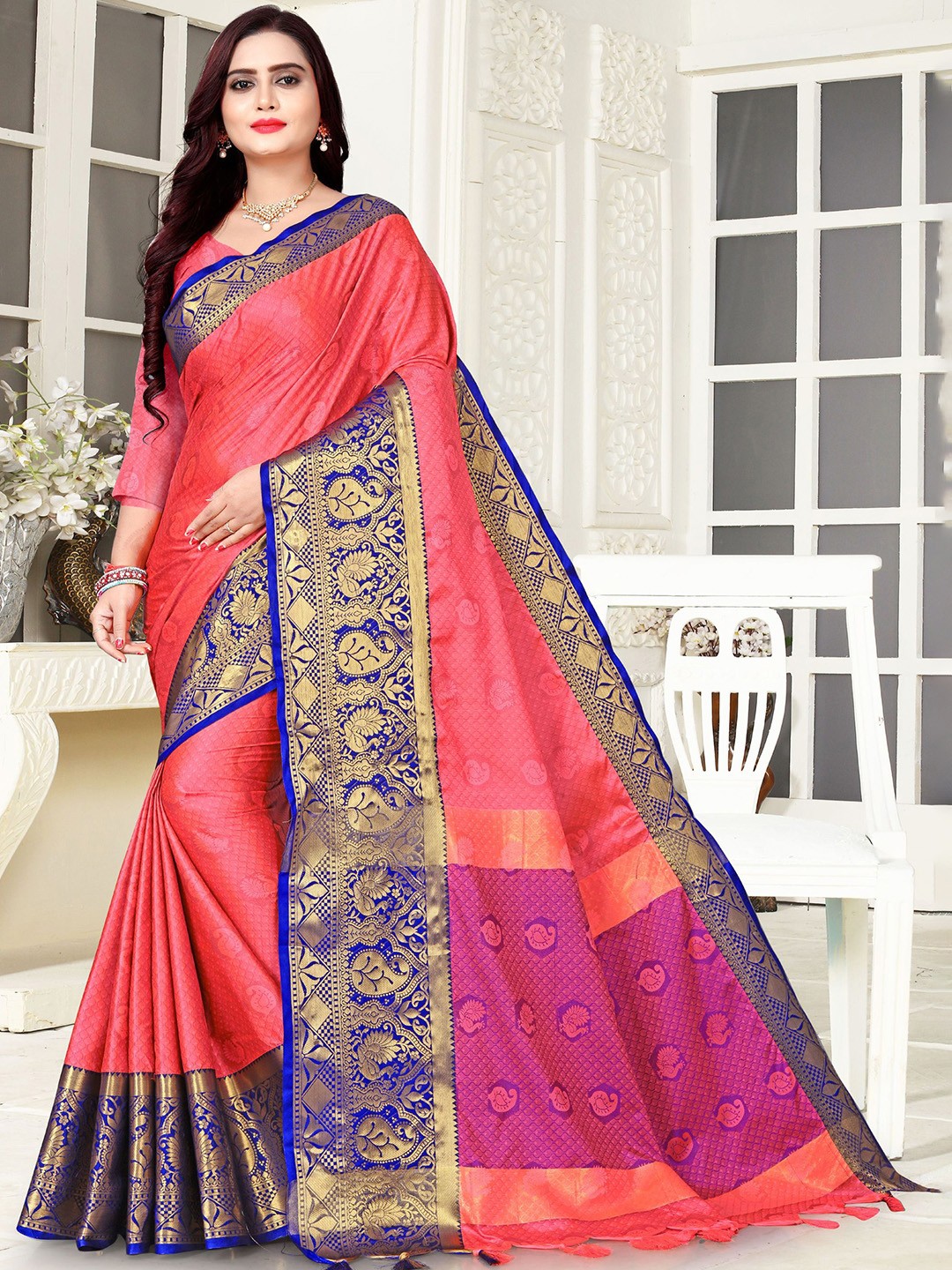 

DIVASTRI Ethnic Motifs Zari Pure Silk Banarasi Saree, Pink