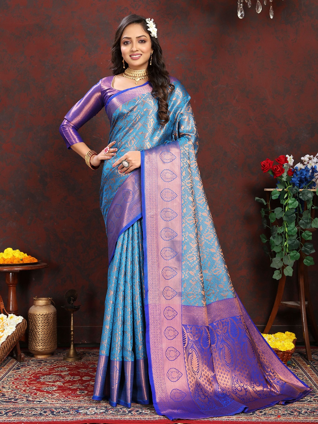

DIVASTRI Ethnic Motifs Woven Design Pure Silk Banarasi Zari Saree, Blue