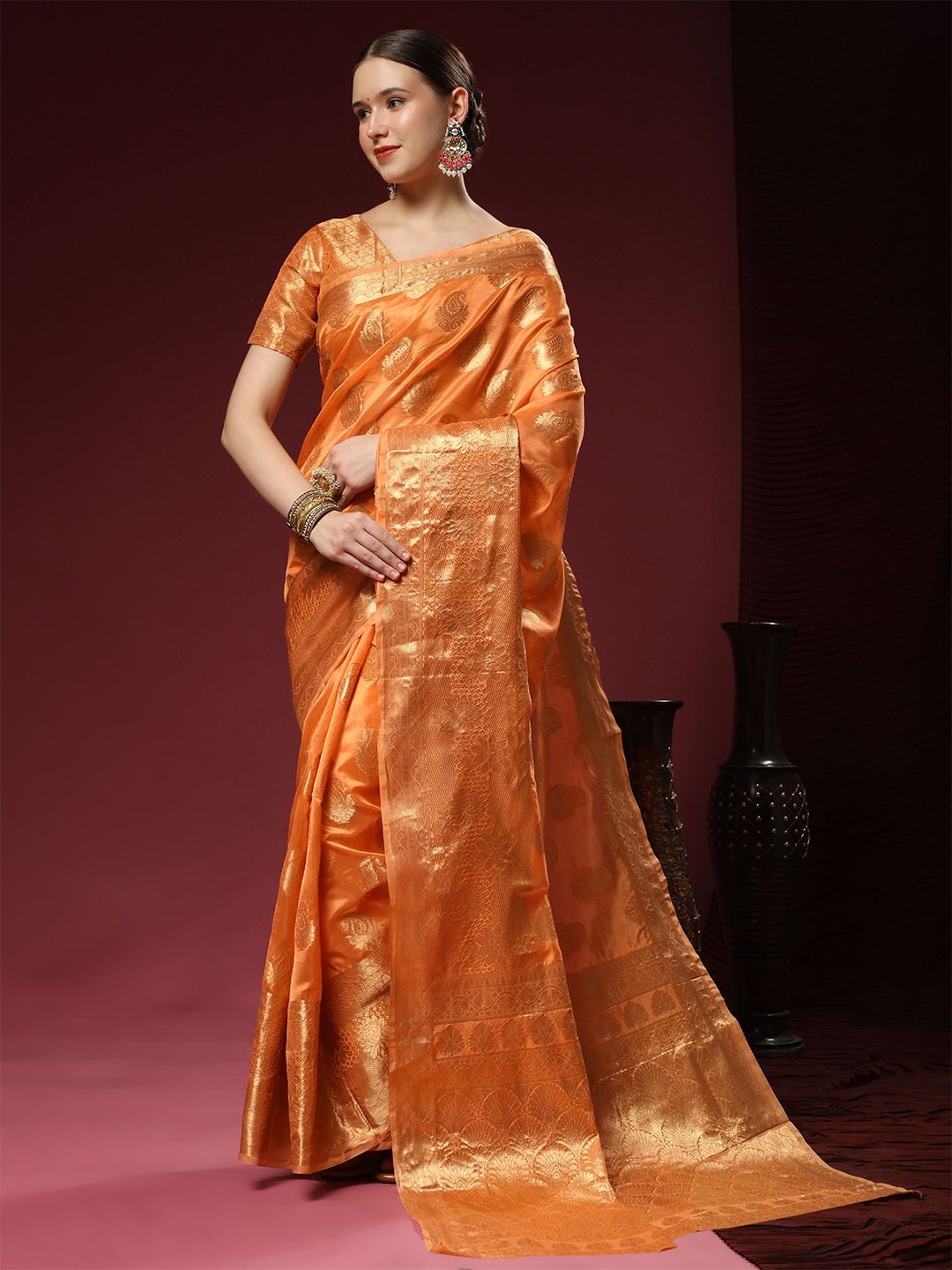 

DIVASTRI Ethnic Motifs Zari Pure Silk Banarasi Saree, Orange