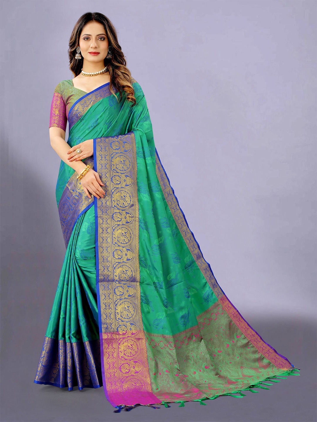 

DIVASTRI Ethnic Motifs Woven Design Zari Pure Silk Banarasi Saree, Teal