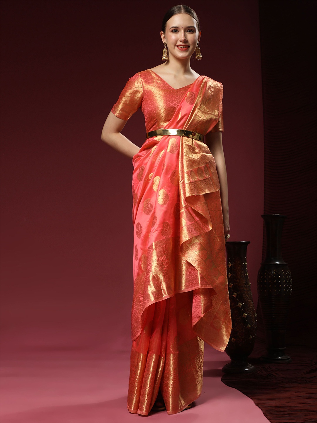 

DIVASTRI Ethnic Motifs Woven Design Pure Silk Banarasi Zari Saree, Pink