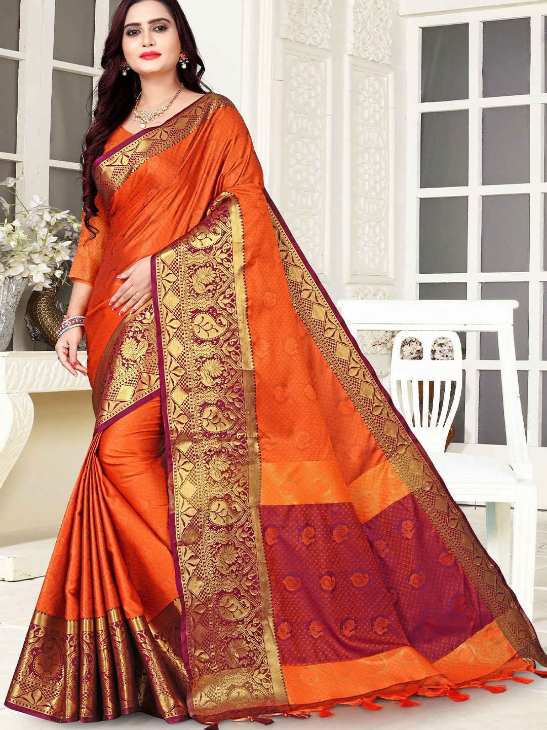 

DIVASTRI Ethnic Motifs Zari Pure Silk Banarasi Saree, Orange