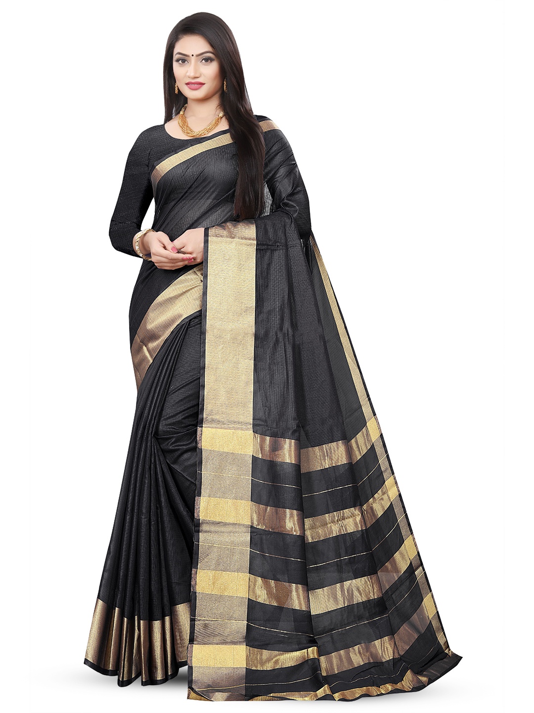 

DIVASTRI Striped Woven Design Pure Cotton Banarasi Zari Saree, Black
