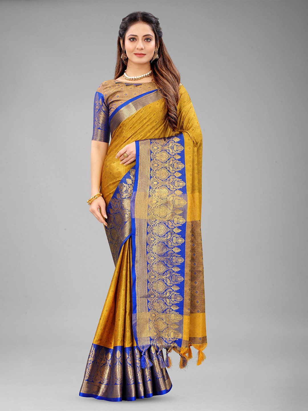 

DIVASTRI Ethnic Motifs Zari Pure Silk Banarasi Saree, Mustard