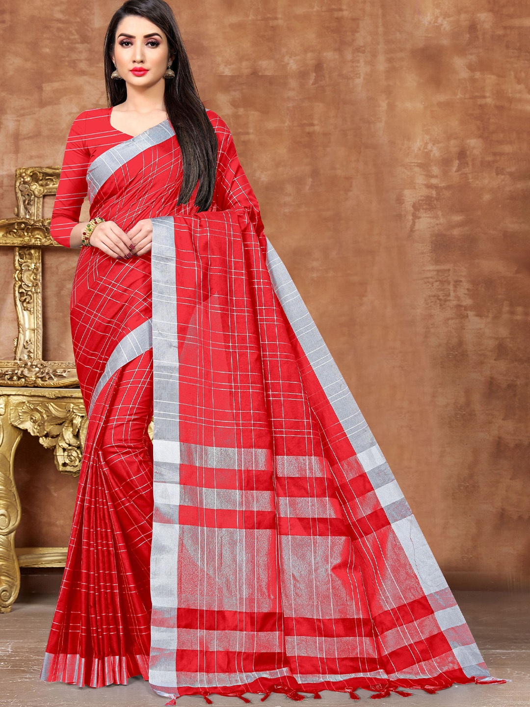 

DIVASTRI Striped Zari Pure Cotton Banarasi Saree, Red