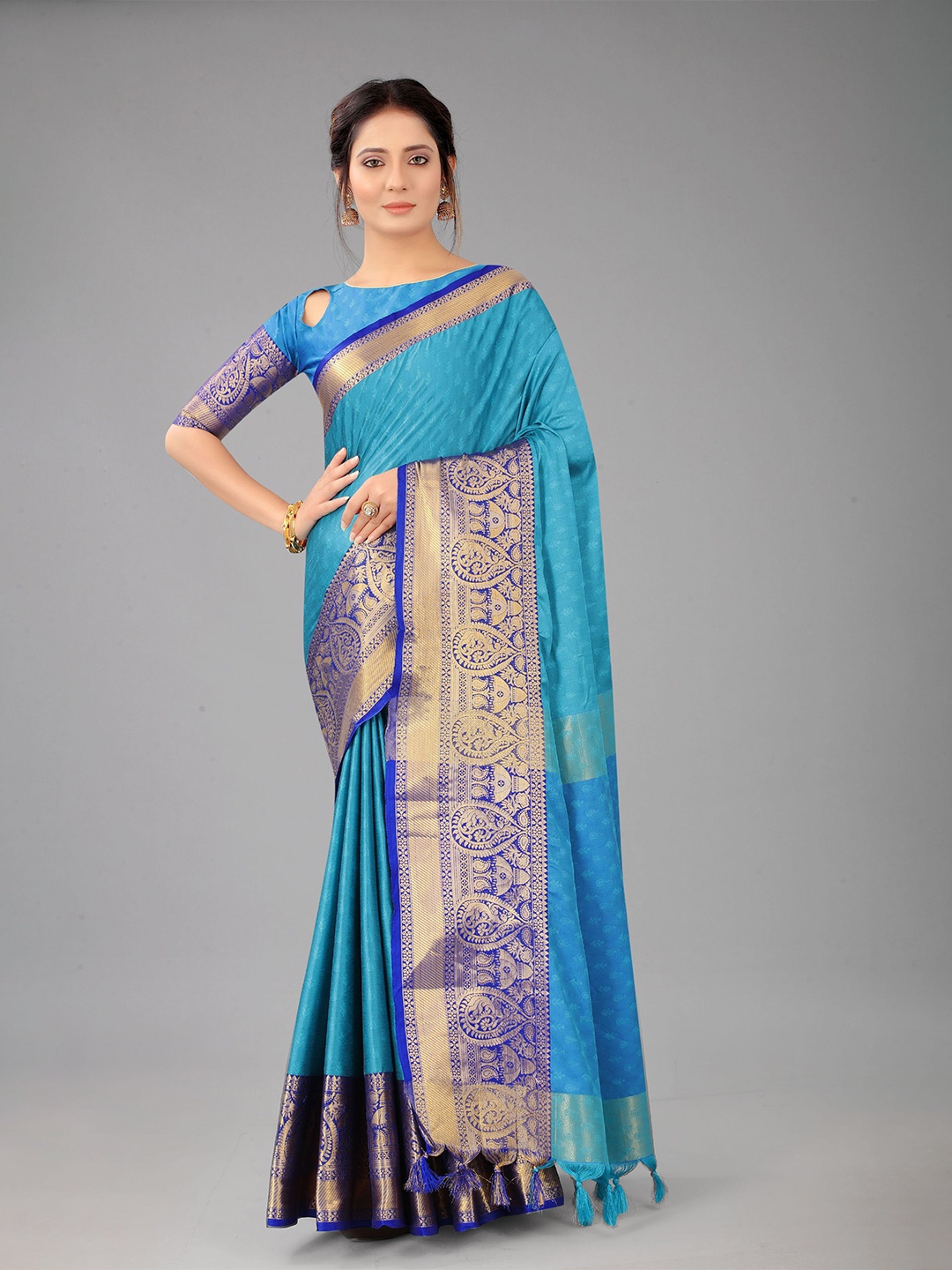 

DIVASTRI Ethnic Motifs Zari Pure Silk Banarasi Saree, Blue