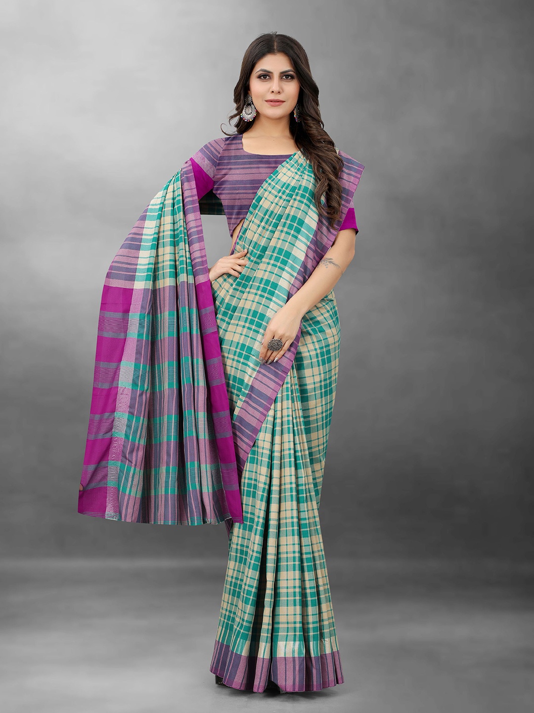 

DIVASTRI Checked Zari Pure Cotton Banarasi Saree, Blue