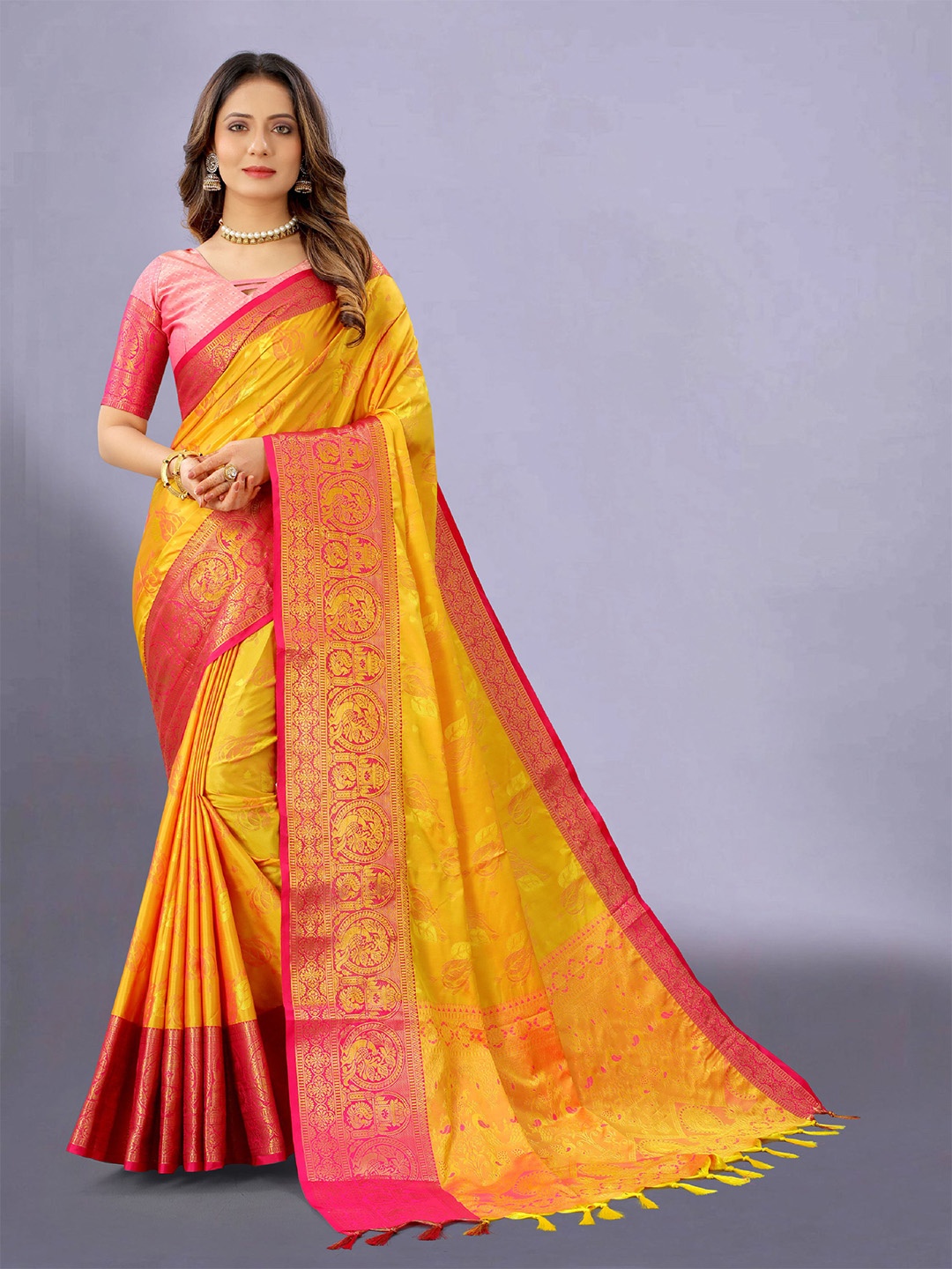 

DIVASTRI Ethnic Motifs Woven Design Zari Pure Silk Banarasi Saree, Orange