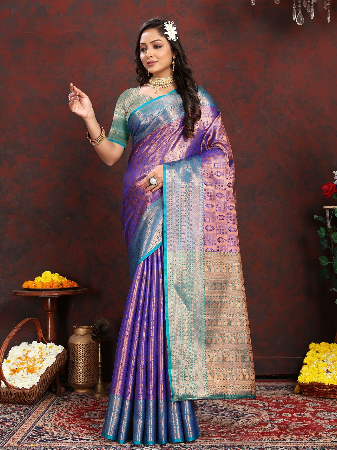 

DIVASTRI Ethnic Motifs Woven Design Zari Pure Silk Banarasi Saree, Blue