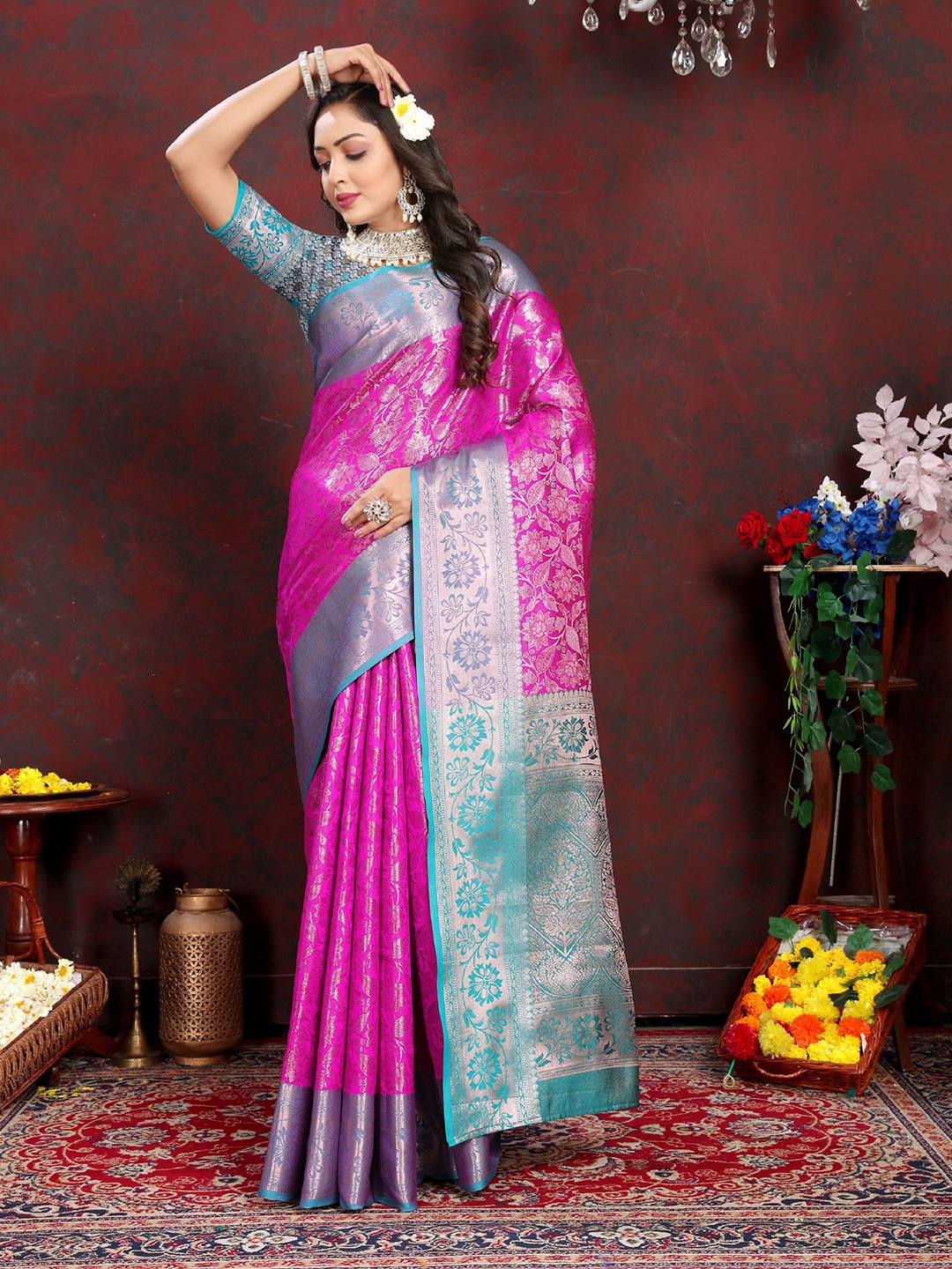

DIVASTRI Ethnic Motifs Woven Design Zari Pure Silk Banarasi Saree, Pink