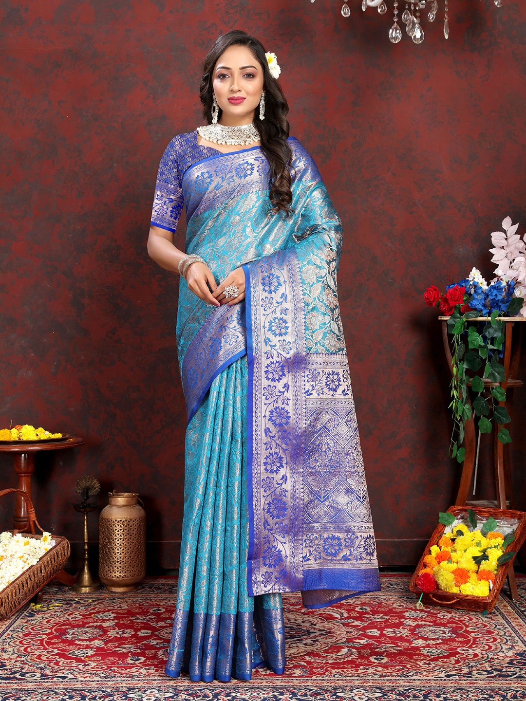 

DIVASTRI Ethnic Motifs Woven Design Pure Silk Banarasi Zari Saree, Blue