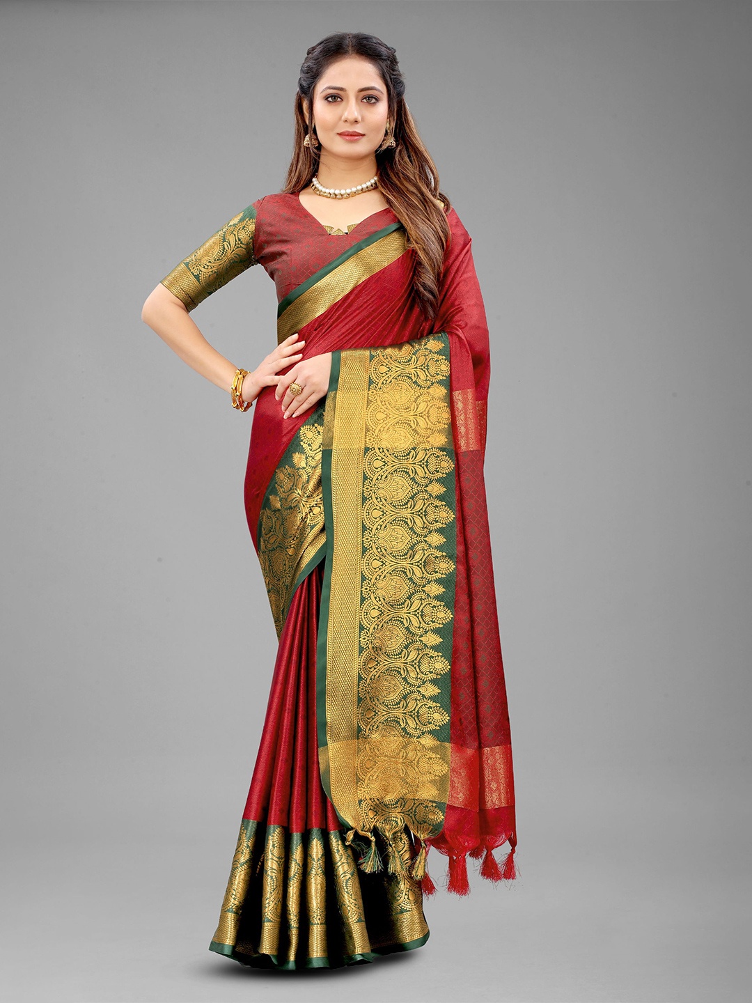 

DIVASTRI Ethnic Motifs Woven Design Zari Pure Silk Banarasi Saree, Red