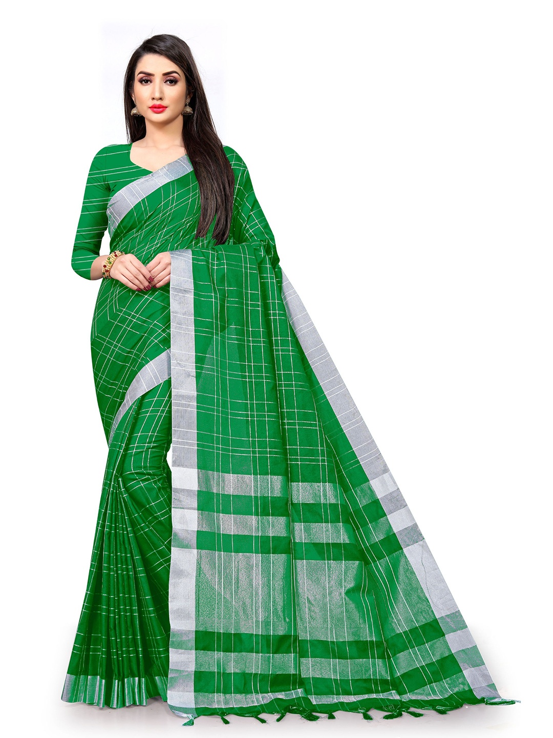

DIVASTRI Checked Zari Pure Cotton Banarasi Saree, Green