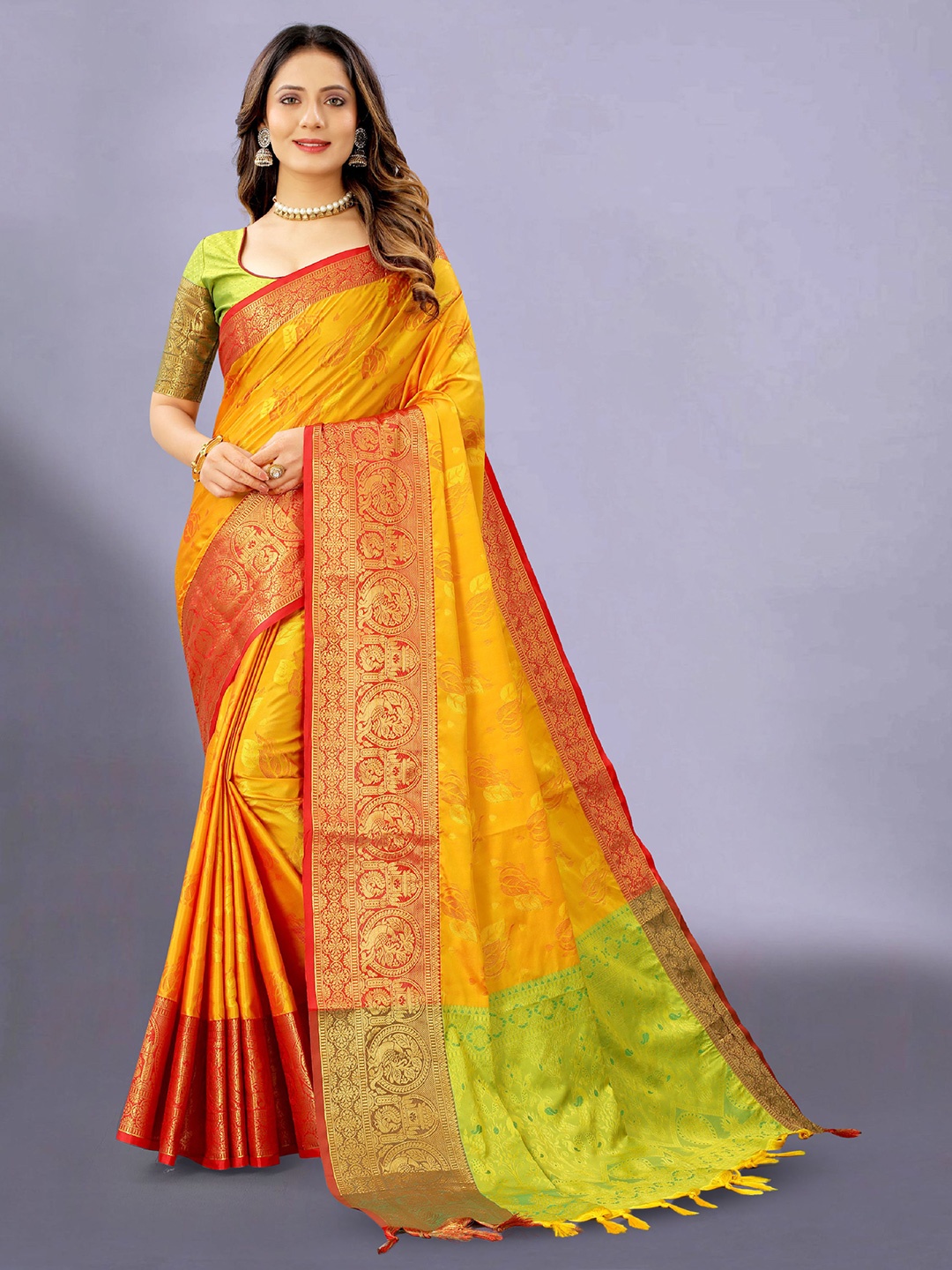 

DIVASTRI Ethnic Motifs Woven Design Zari Pure Silk Banarasi Saree, Yellow