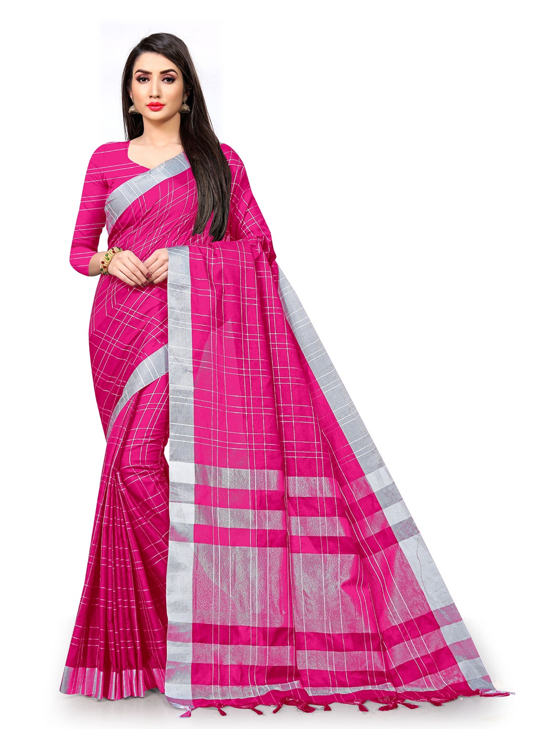 

DIVASTRI Checked Zari Pure Cotton Banarasi Saree, Pink