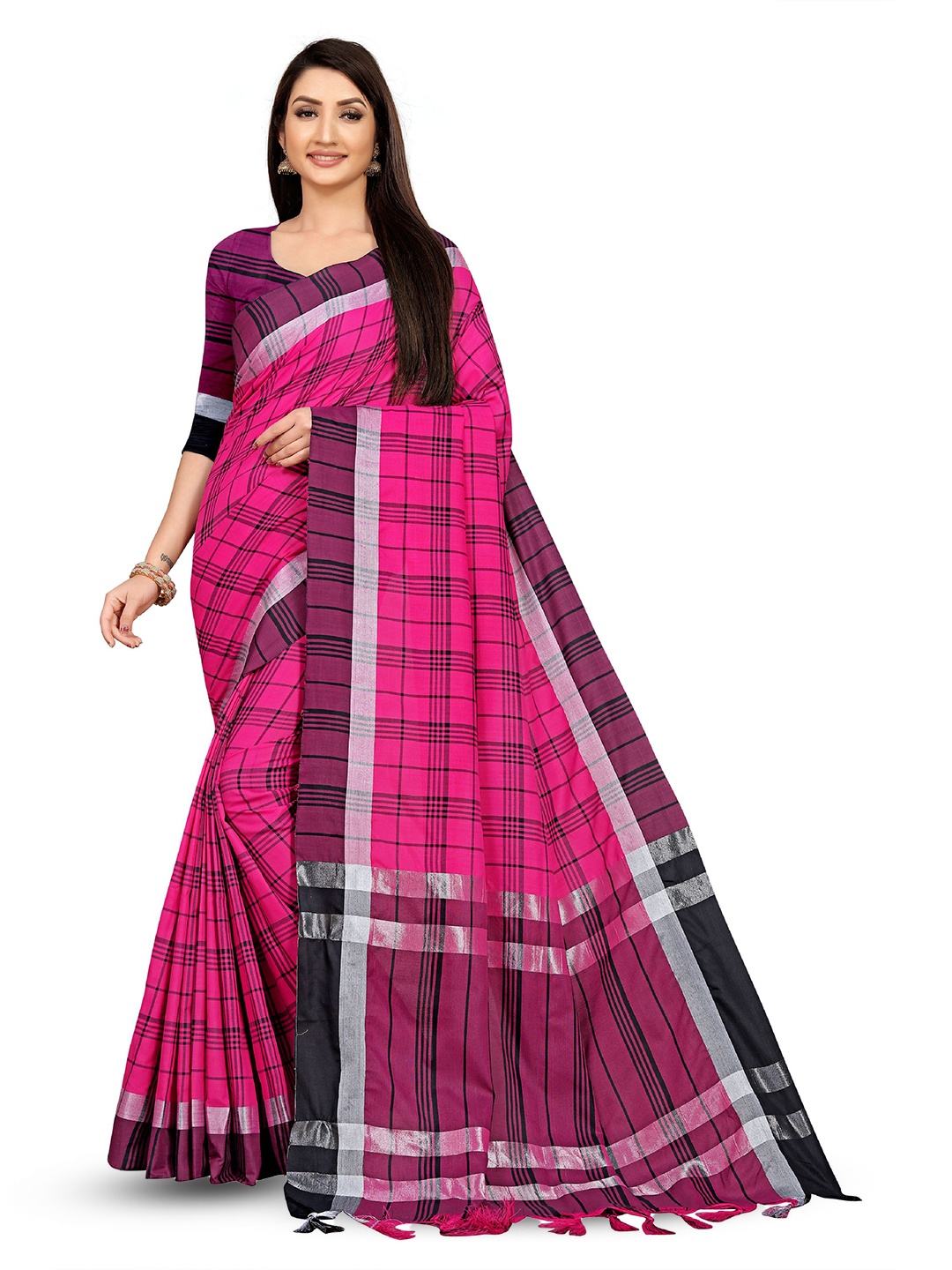 

DIVASTRI Checked Pure Cotton Banarasi Zari Saree, Pink