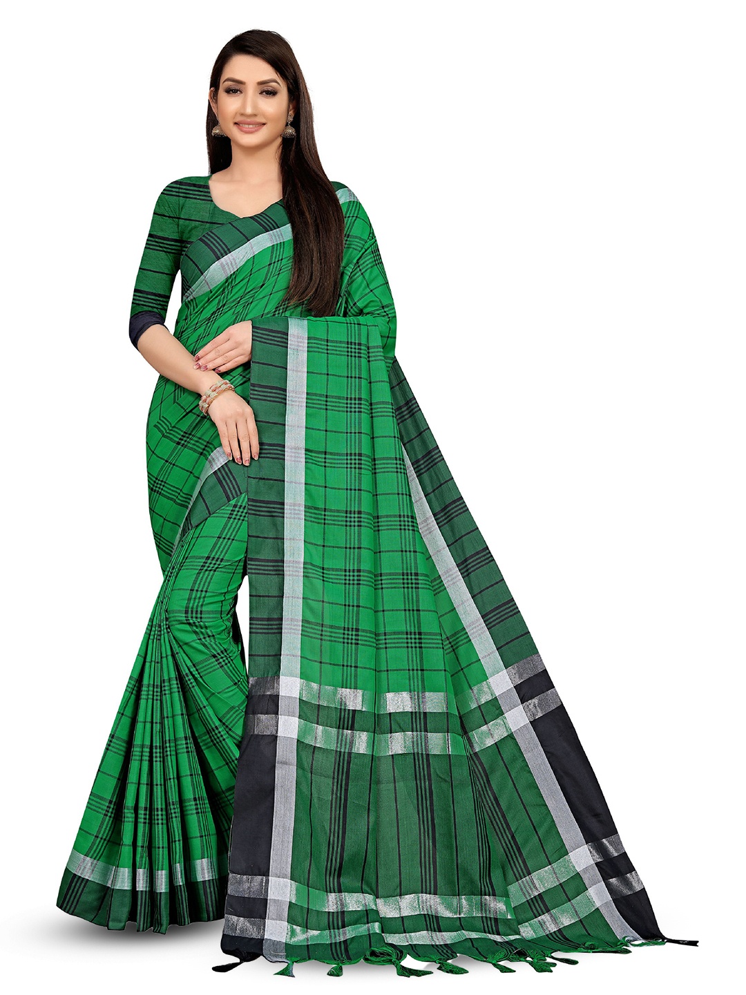 

DIVASTRI Checked Zari Pure Cotton Banarasi Saree, Green