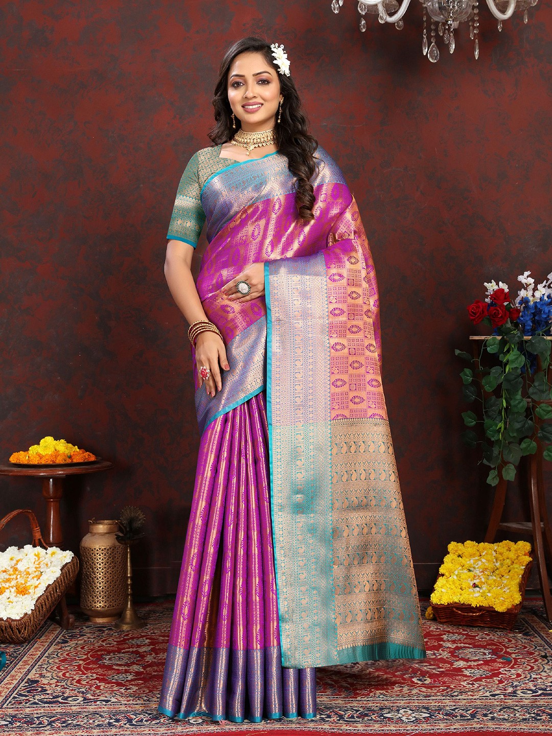 

DIVASTRI Ethnic Motifs Zari Pure Silk Banarasi Saree, Purple
