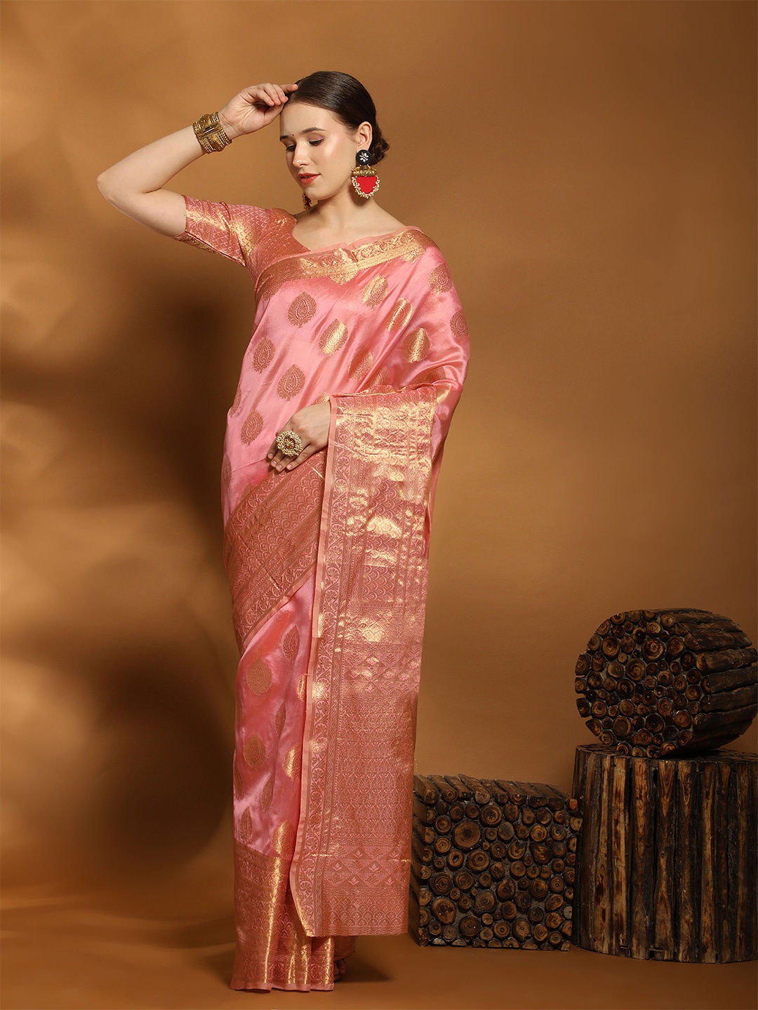 

DIVASTRI Ethnic Motifs Zari Pure Silk Banarasi Saree, Pink