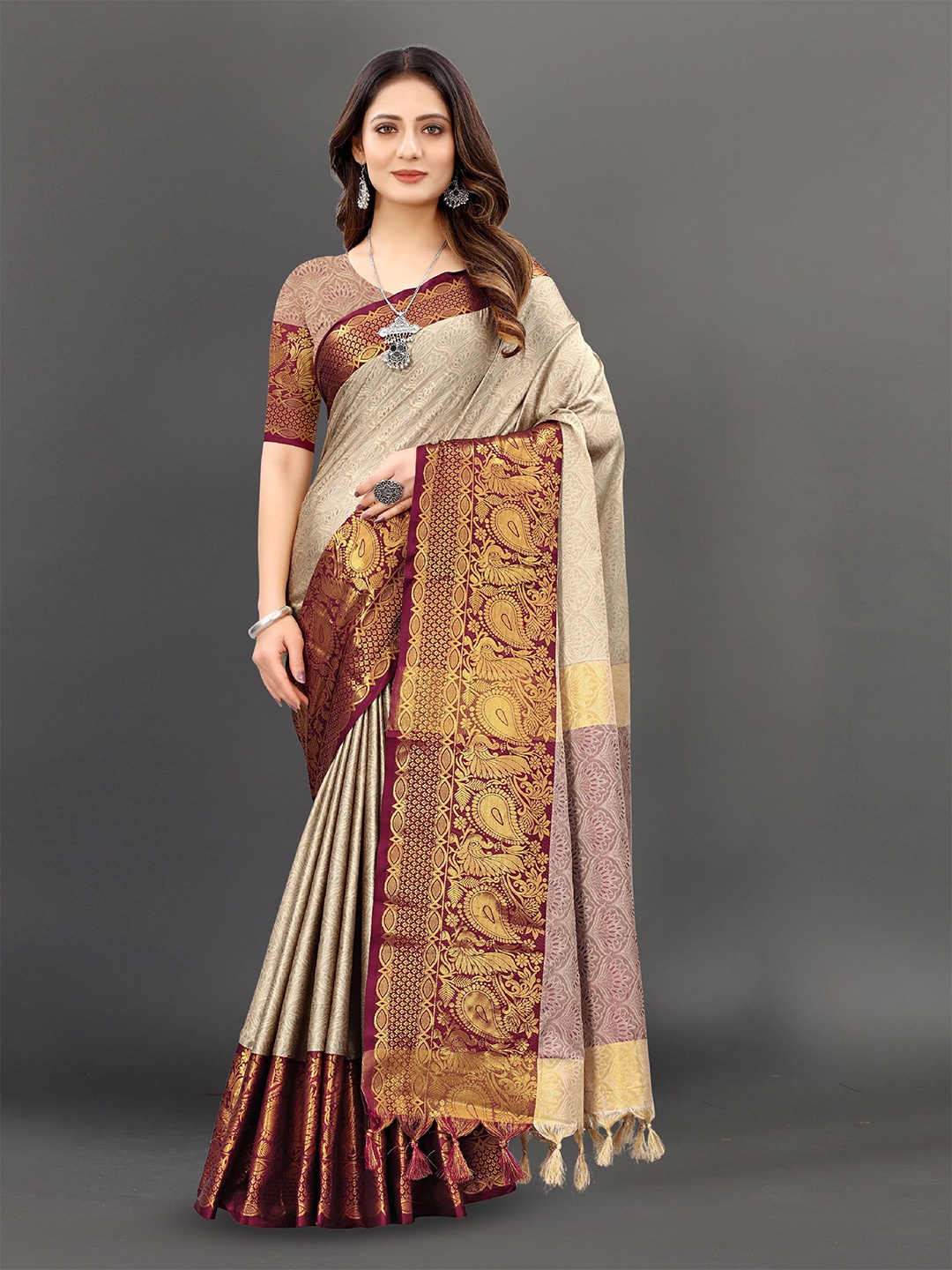 

DIVASTRI Ethnic Motifs Zari Pure Silk Banarasi Saree, Brown