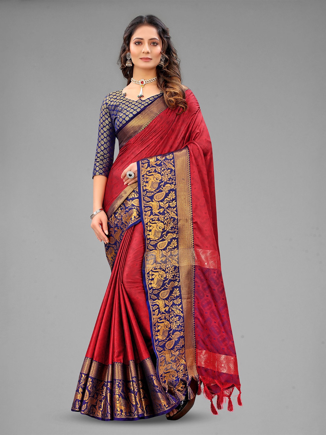 

DIVASTRI Ethnic Motifs Woven Design Pure Silk Banarasi Zari Saree, Red