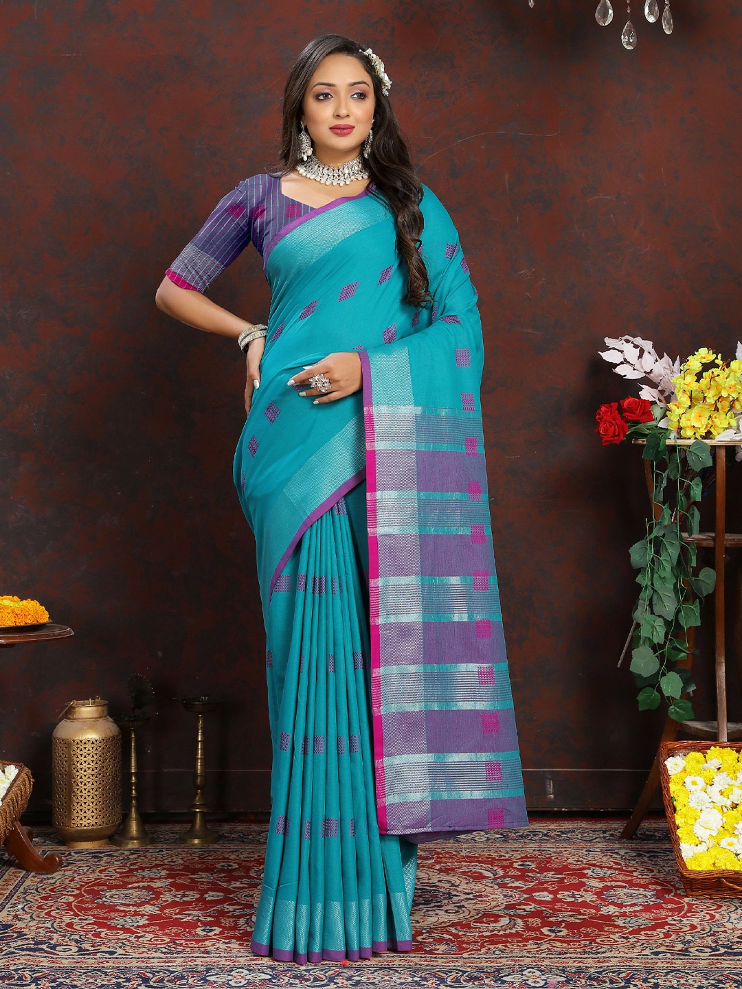 

DIVASTRI Geometric Woven Design Zari Pure Cotton Banarasi Saree, Blue