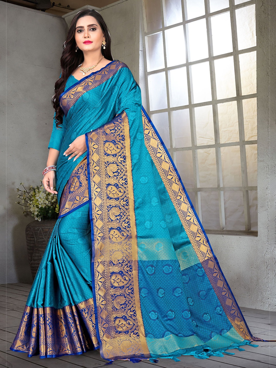 

DIVASTRI Ethnic Motifs Woven Design Zari Pure Silk Banarasi Saree, Blue