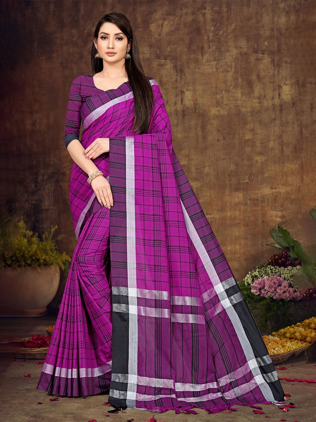 

DIVASTRI Striped Zari Pure Cotton Banarasi Saree, Purple