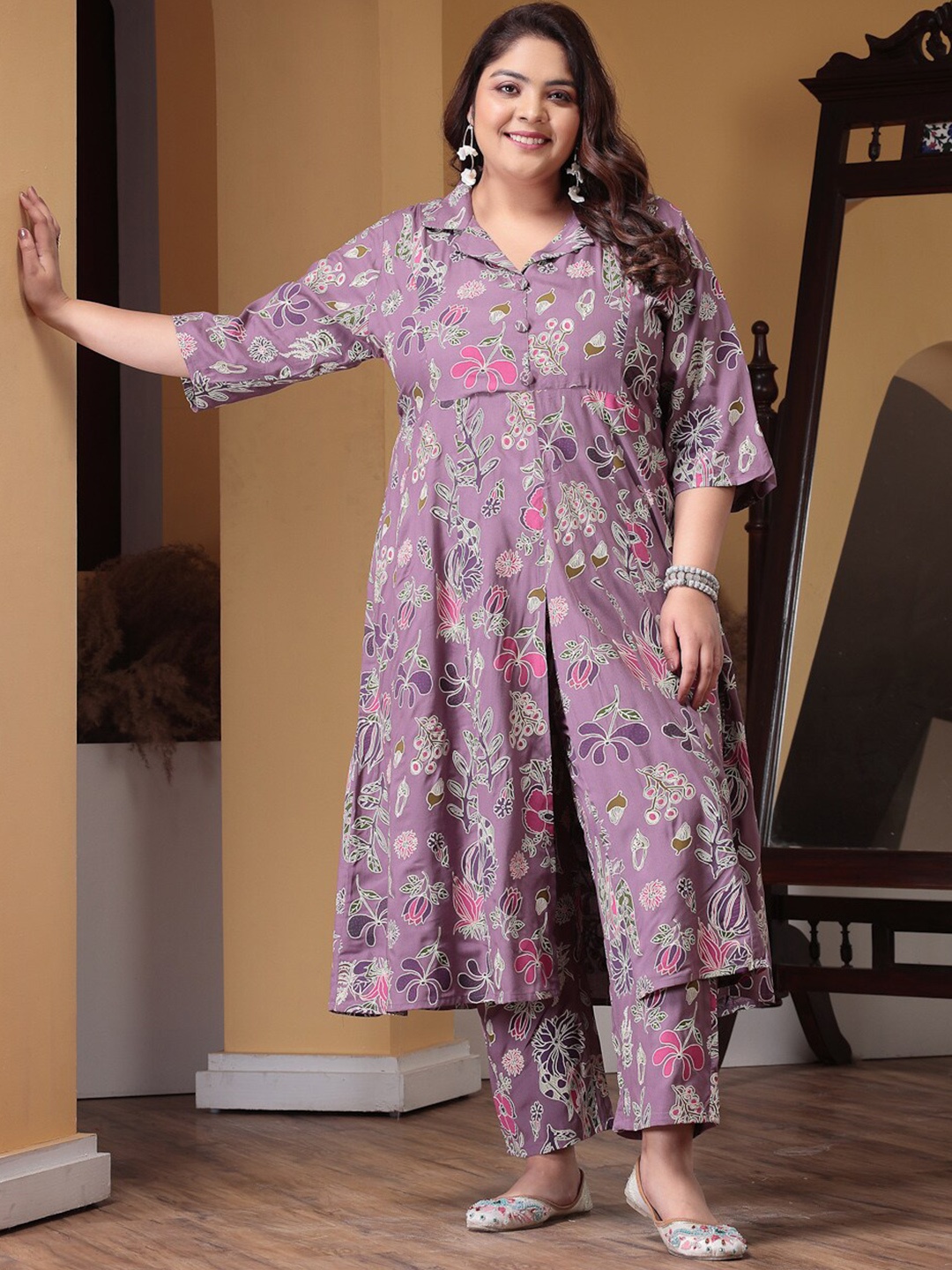Little More By Stylum Plus Size Floral Printed Cuban Collar Empire A-Line Kurta & Trousers, Mauve