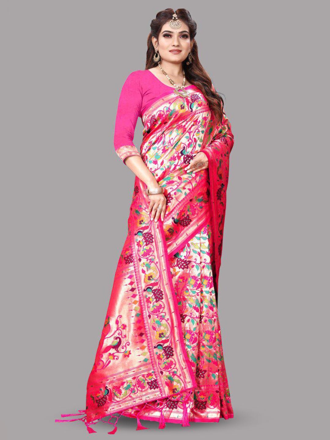 

THE WOMEN DECOR Ethnic Motifs Woven Design Zari Pure Silk Paithani Saree, Pink