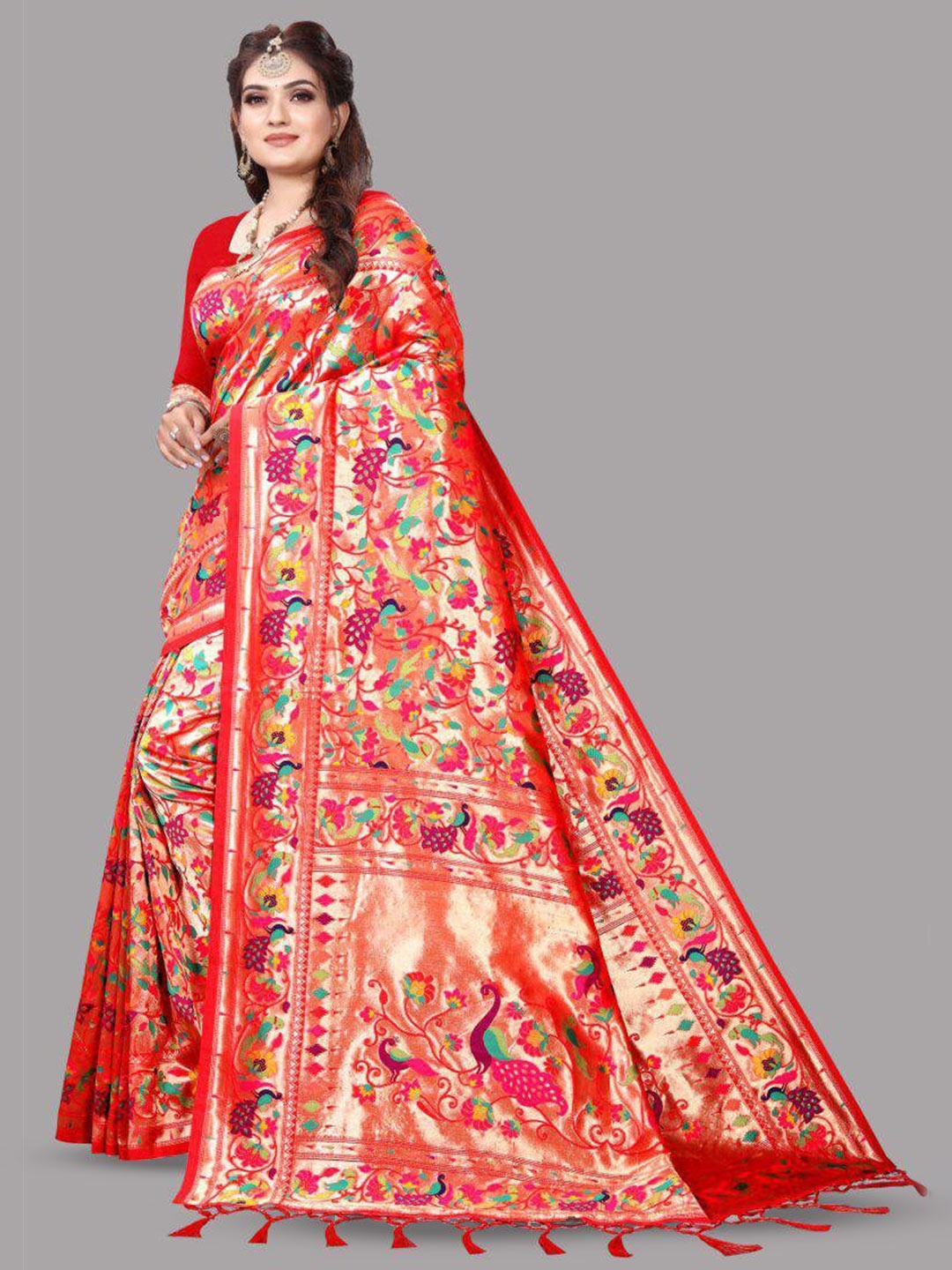

THE WOMEN DECOR Ethnic Motifs Woven Design Zari Pure Silk Paithani Saree, Red