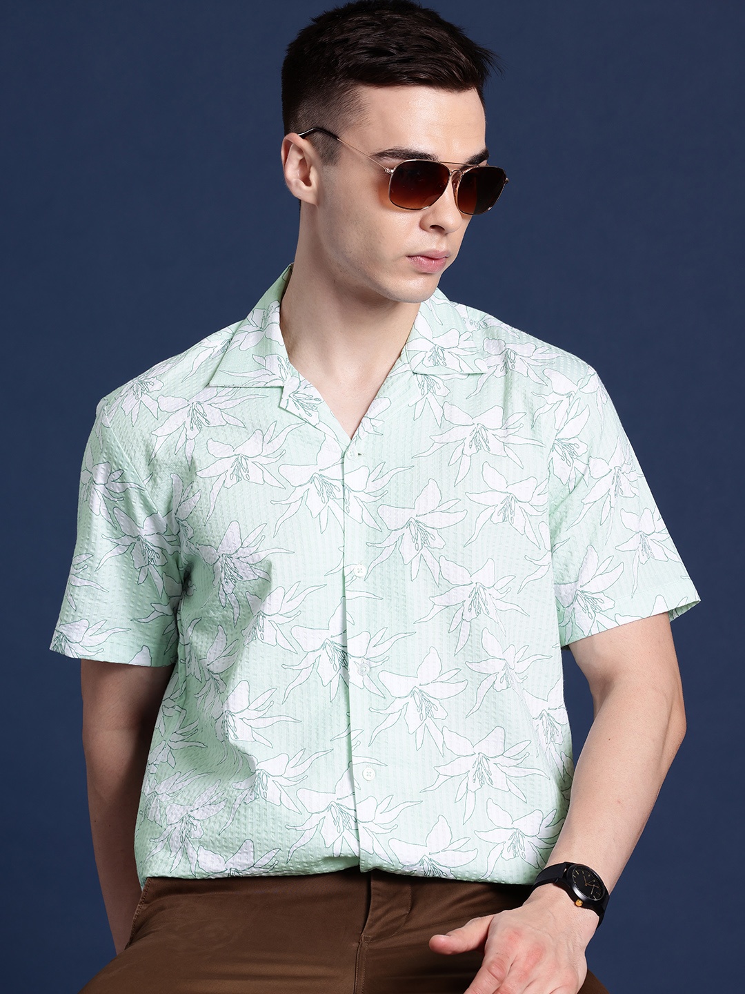 

Hancock Men Floral Printed Cuban Collar Relaxed Fit Seer Sucker Pure Cotton Shirt, Green