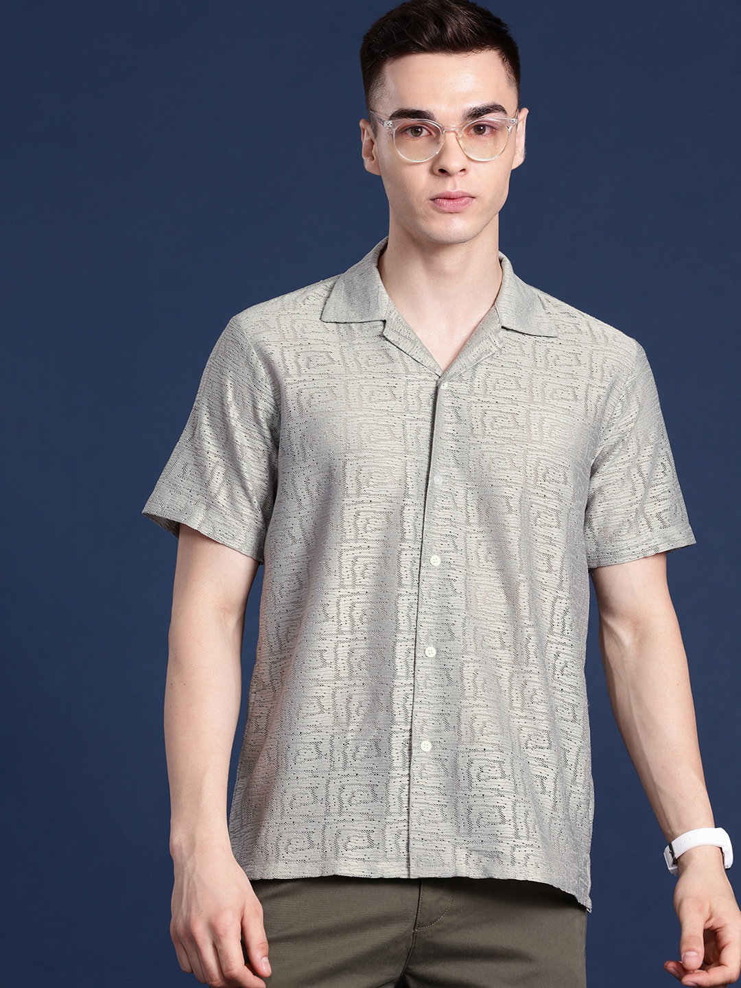 

Hancock Men Crocheted Cuban Collar Relaxed Semi Sheer Casual Shirt, Grey